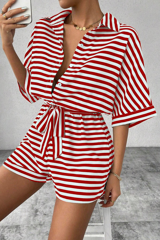 Red Stripe Button Collared Mid Sleeve Belted Romper