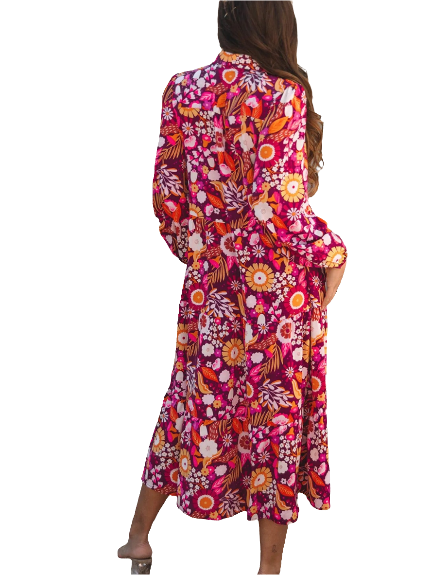 Floral Print Long Sleeve Midi Dress with Pockets