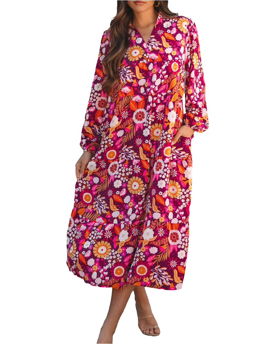 Floral Print Long Sleeve Midi Dress with Pockets